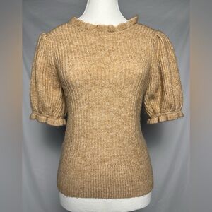 BUFFALO DAVID BITTON Beige Preppy Knit Ruffled Short Sleeve Sweater Size M